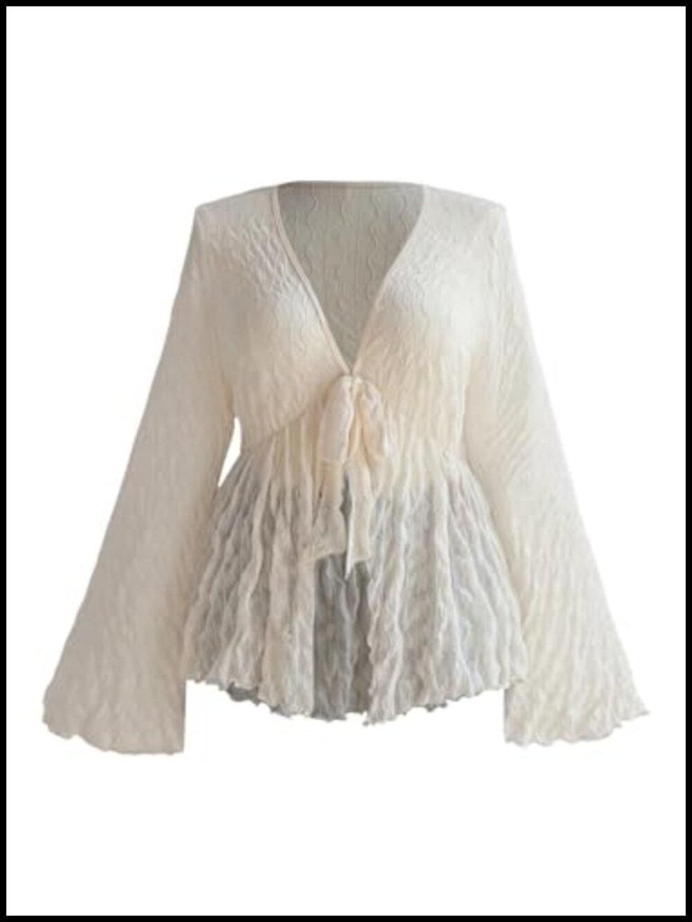 Plus Size Mesh Bell Sleeve Peplum Babydoll Top Blouse Tie Front Sheer
